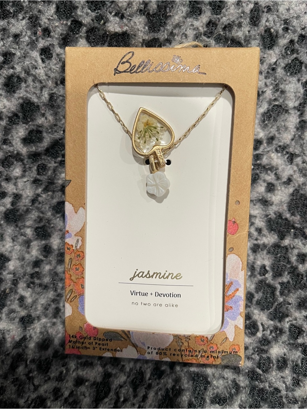 Bellissima Jasmine Gold Floral Heart Necklace with White Jasmine Flower Charm